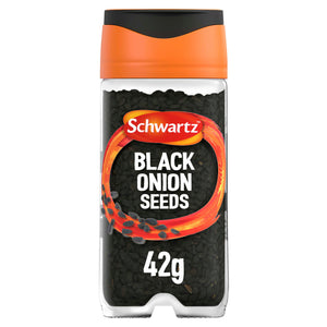 A clear glass jar of Schwartz Black Onion Seeds 42G featuring a vibrant orange cap and a label showing the small black seeds inside.