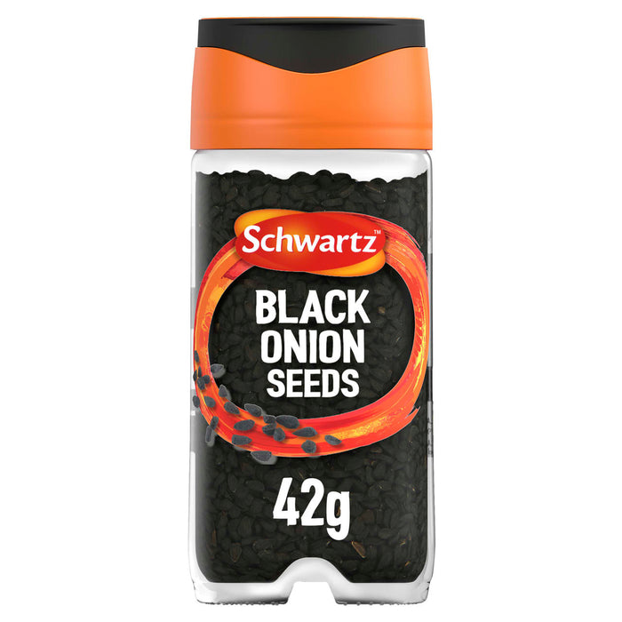 A clear glass jar of Schwartz Black Onion Seeds 42G featuring a vibrant orange cap and a label showing the small black seeds inside.