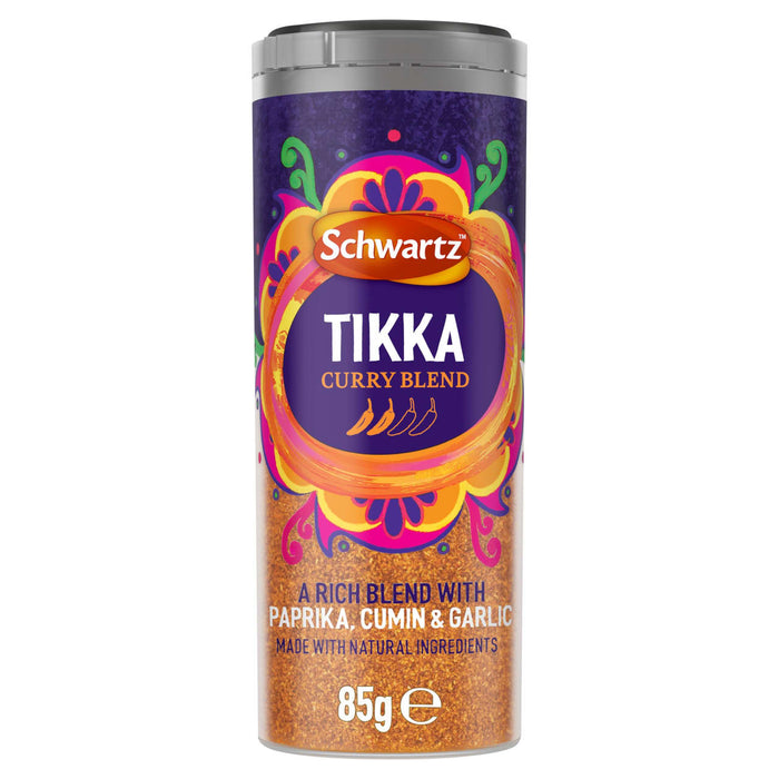 A tall jar of Schwartz Tikka Curry Spice 85G featuring a vibrant purple and orange label with illustrations of chili peppers and a rich blend of paprika, cumin, and garlic.