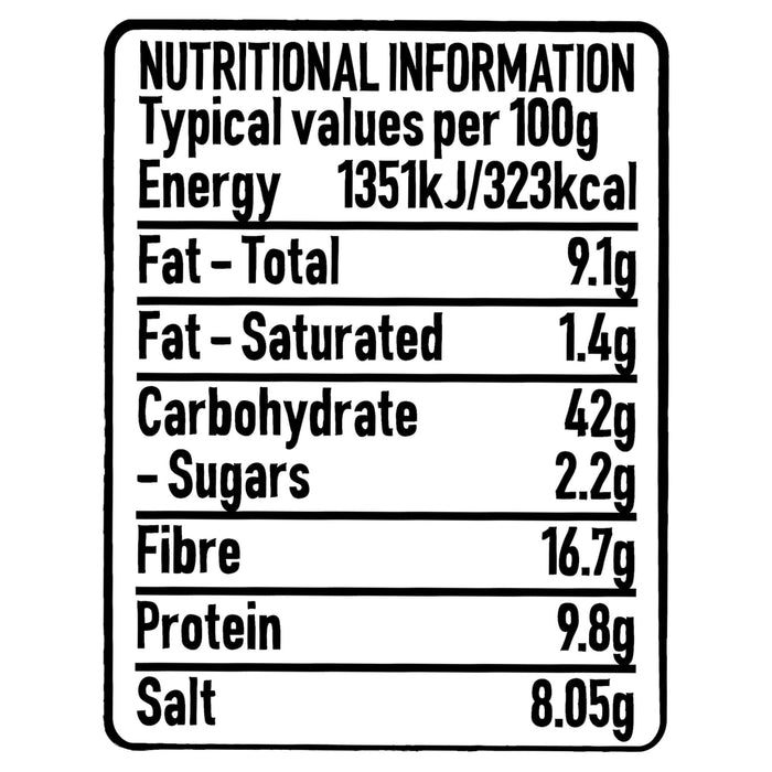 A nutritional information label for Schwartz Tikka Curry Spice 85G detailing typical values per 100g including energy fat carbohydrates fibre protein and salt content.