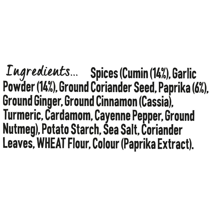 The ingredient list for Schwartz Tikka Curry Spice 85G includes a blend of spices like cumin, garlic powder, ground coriander seed, and paprika along with potato starch and wheat flour.