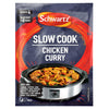A package of Schwartz Chicken Curry Slow Cookers Recipe Mix 33G featuring a mild spice rating and a photo of a slow cooker filled with a hearty chicken and vegetable curry.