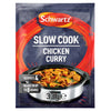 A packet of Schwartz Chicken Curry Slow Cookers Recipe Mix 33G featuring a vibrant red swirl around a slow cooker filled with a hearty chicken curry that serves four and is ready in up to eight hours.