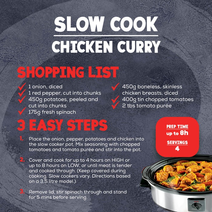 This infographic provides a shopping list and three easy steps for preparing a meal with Schwartz Chicken Curry Slow Cookers Recipe Mix, 33G, showing a finished dish in a slow cooker.