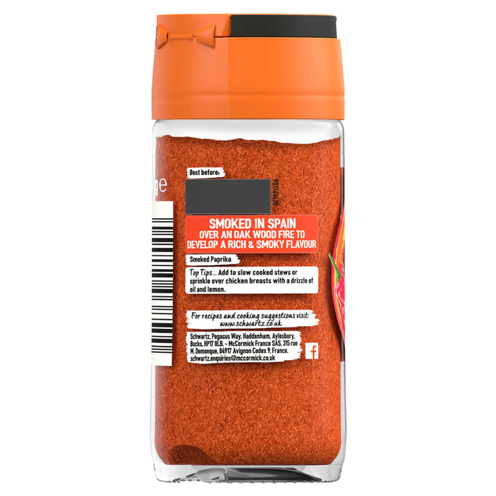 The back of a glass jar of Schwartz Smoked Paprika 40G, showing cooking suggestions and company information on the label.