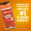 A marketing image displays a jar of Schwartz Smoked Paprika 40G against a vibrant orange background, with text proclaiming it is from the UK's number one flavour experts.