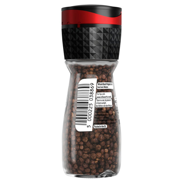 A clear glass Schwartz Black Peppercorns Adjustable Medium Grinder 35G is shown against a white background, revealing the whole black peppercorns inside.