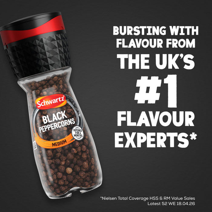 A promotional graphic for Schwartz Black Peppercorns Adjustable Medium Grinder 35G highlights its status as the top choice from the UK number one flavor experts according to Nielsen sales data.