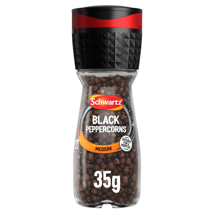 A clear glass bottle of Schwartz Black Peppercorns Adjustable Medium Grinder 35G is shown against a white background.