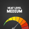 An infographic illustration for Schwartz Black Peppercorns Adjustable Medium Grinder 35G featuring a gauge with a needle pointing to the medium heat level on a color coded scale from green to red.