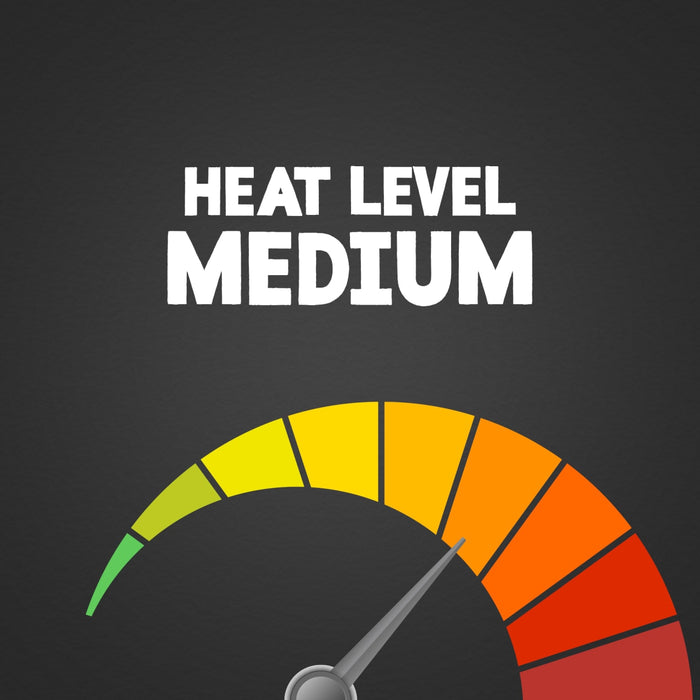 An infographic illustration for Schwartz Black Peppercorns Adjustable Medium Grinder 35G featuring a gauge with a needle pointing to the medium heat level on a color coded scale from green to red.
