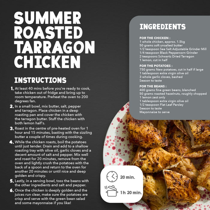 An infographic for a summer roasted tarragon chicken recipe featuring a list of ingredients including Schwartz Black Peppercorns Adjustable Medium Grinder 35G and step by step cooking instructions.