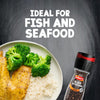 A plate of seasoned fish with rice and broccoli is shown next to a Schwartz Black Peppercorns Adjustable Medium Grinder 35G under the text Ideal for Fish and Seafood.