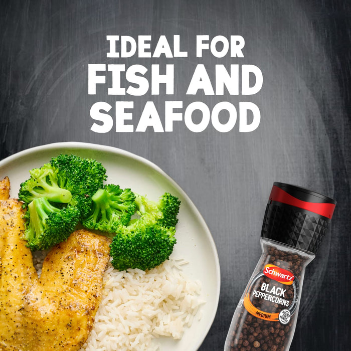 A plate of seasoned fish with rice and broccoli is shown next to a Schwartz Black Peppercorns Adjustable Medium Grinder 35G under the text Ideal for Fish and Seafood.