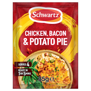 A packet of Schwartz New Limited Edition Ckn,Bac And Potato Pie 35G seasoning mix featuring a vibrant red and yellow design with a serving suggestion of the finished dish.