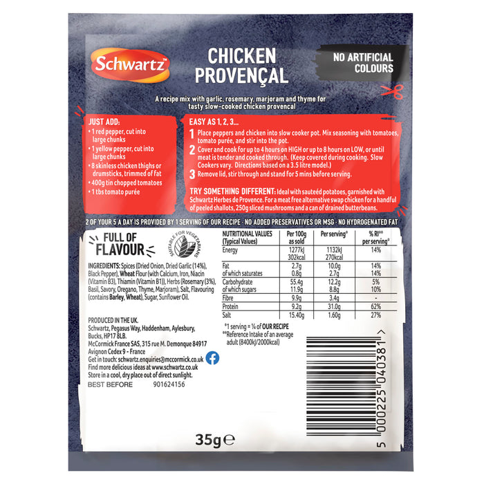 The back of a Schwartz Slow Cook Chicken Provençal Recipe Mix 35G packet provides detailed nutritional information, a list of ingredients including spices and herbs, and easy three step cooking instructions for a slow cooker.