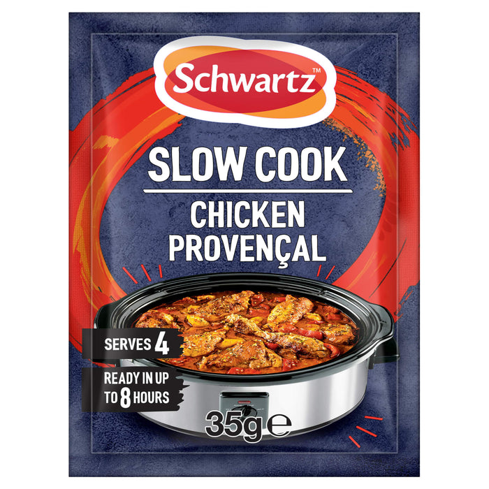 A packet of Schwartz Slow Cook Chicken Provençal Recipe Mix 35G featuring a slow cooker filled with a savory chicken and vegetable stew against a dark blue background with orange brushstroke accents.