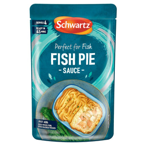 A package of Schwartz Fish Pie Sauce, 300G featuring a serving suggestion of a golden mashed potato topped fish pie alongside fresh green broccoli.