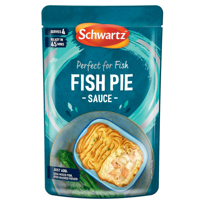 A package of Schwartz Fish Pie Sauce, 300G featuring a serving suggestion of a golden mashed potato topped fish pie alongside fresh green broccoli.