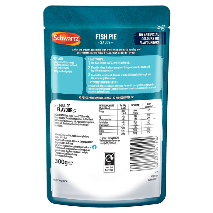 The back of a package of Schwartz Fish Pie Sauce, 300G provides detailed nutritional information, cooking instructions, and a list of ingredients for a classic fish pie.