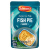 A 300g pouch of Schwartz Fish Pie Sauce, 300G featuring a teal background with a picture of a golden-crusted fish pie served with broccoli.