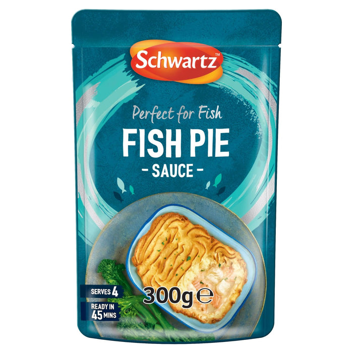 A 300g pouch of Schwartz Fish Pie Sauce, 300G featuring a teal background with a picture of a golden-crusted fish pie served with broccoli.