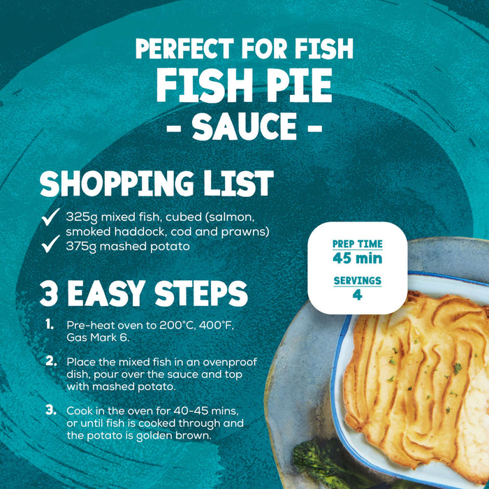 An infographic for Schwartz Fish Pie Sauce, 300G provides a simple three step recipe to prepare a fish pie with mixed fish and mashed potato in forty five minutes.