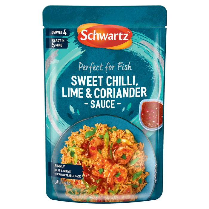 A 300g microwaveable pouch of Schwartz Chilli Lime Coriander Wet Sauce For Fish 300G featuring a serving suggestion of shrimp and rice in a blue bowl.