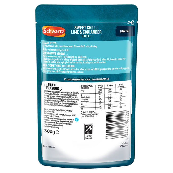 The back of a pouch of Schwartz Chilli Lime Coriander Wet Sauce For Fish 300G displays cooking instructions for hob and microwave along with a full nutritional table and ingredient list.