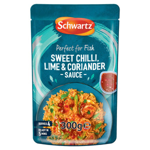 A 300g pouch of Schwartz Chilli Lime Coriander Wet Sauce For Fish 300G featuring a vibrant teal background and a serving suggestion of shrimp and rice.