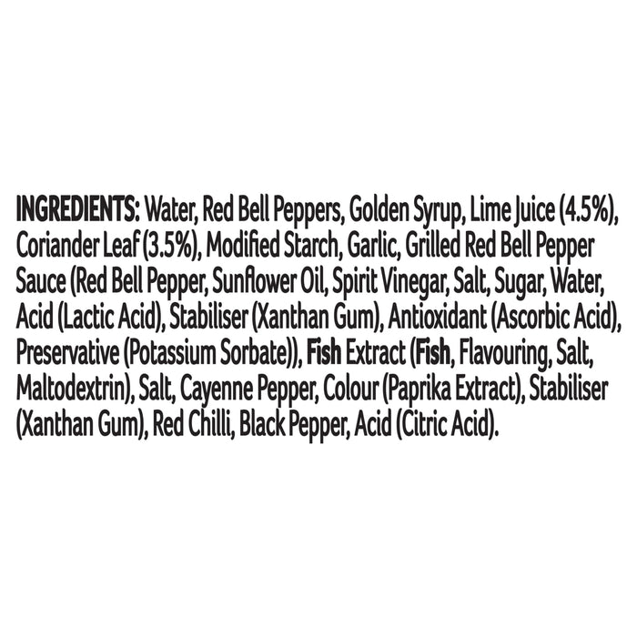 A detailed list of ingredients for Schwartz Chilli Lime Coriander Wet Sauce For Fish 300G including water, red bell peppers, golden syrup, lime juice, and fish extract.