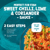 An infographic for Schwartz Chilli Lime Coriander Wet Sauce For Fish 300G detailing a two step preparation process that takes five minutes and serves four people.