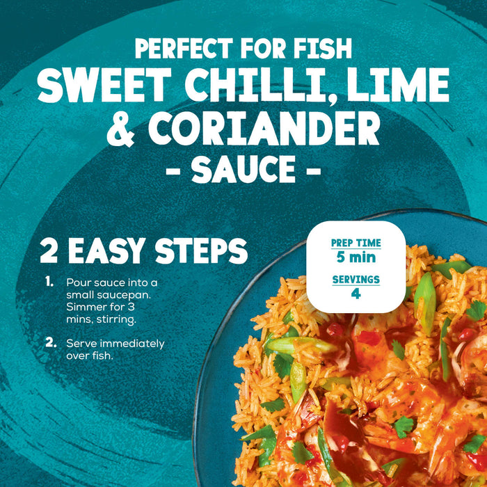 An infographic for Schwartz Chilli Lime Coriander Wet Sauce For Fish 300G detailing a two step preparation process that takes five minutes and serves four people.