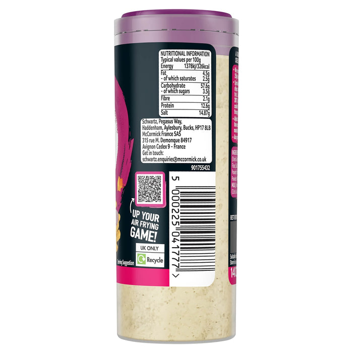 The back of a container of Schwartz Af Fries Seas, showing the nutritional information, barcode, and company details.