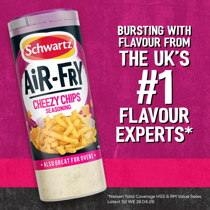 A promotional graphic for Schwartz Af Fries Seas Cheezy Chips Seasoning featuring a tall shaker bottle next to bold text claiming it is from the UK number one flavour experts.