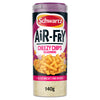 A shaker jar of the Schwartz Af Fries Seas product, specifically the Air-Fry Cheezy Chips Seasoning, is shown with a purple and black label featuring an image of seasoned fries.