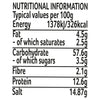 The nutritional information label for Schwartz Af Fries Seas, detailing the typical values per 100g, including 326 calories, 4.5g of fat, and 12.6g of protein.