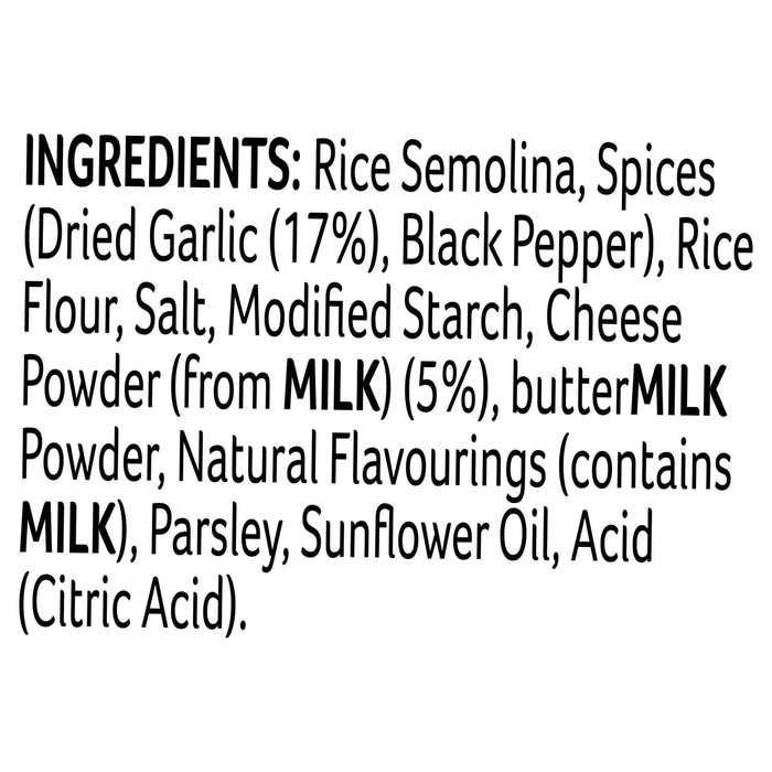 The ingredients list for Schwartz Af Fries Seas, detailing components such as rice semolina, spices including dried garlic and black pepper, cheese powder, and buttermilk powder.