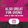 An infographic for Schwartz Af Fries Seas featuring an oven icon and instructions to cook at 200 degrees Celsius for 20 minutes against a vibrant pink background with rosemary and peppercorns.