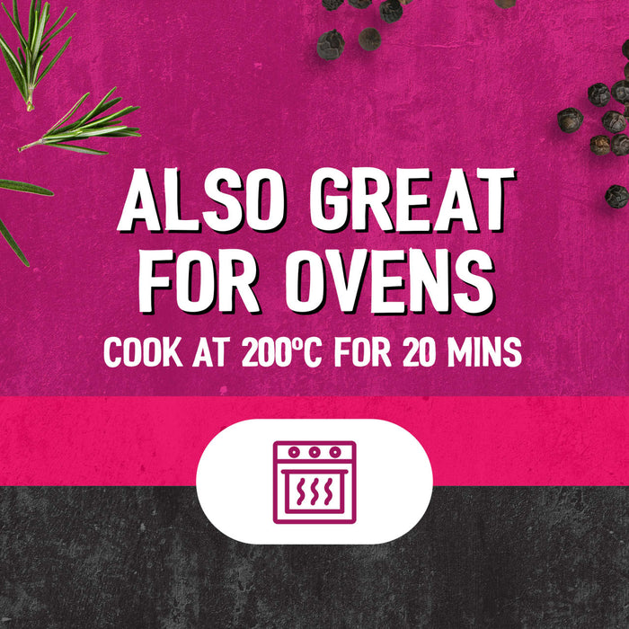 An infographic for Schwartz Af Fries Seas featuring an oven icon and instructions to cook at 200 degrees Celsius for 20 minutes against a vibrant pink background with rosemary and peppercorns.