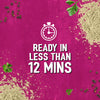 An infographic for Schwartz Af Fries Seas featuring a white stopwatch icon and text stating it is ready in less than 12 minutes against a textured magenta background with scattered peppercorns and herbs.