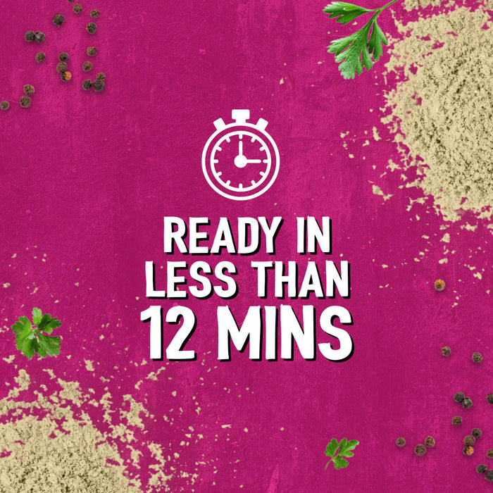 An infographic for Schwartz Af Fries Seas featuring a white stopwatch icon and text stating it is ready in less than 12 minutes against a textured magenta background with scattered peppercorns and herbs.