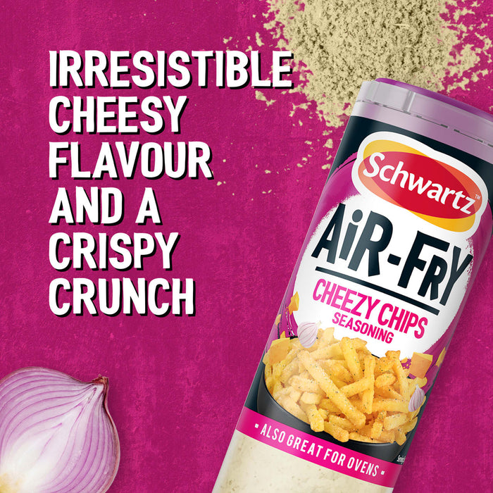 A promotional graphic for Schwartz Af Fries Seas highlights its irresistible cheesy flavour and a crispy crunch for air fried or oven baked chips.