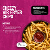 This recipe infographic for Cheezy Air Fryer Chips features a bowl of seasoned fries with ketchup and provides instructions for using Schwartz Af Fries Seas.