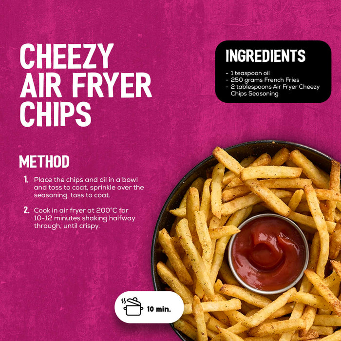 This recipe infographic for Cheezy Air Fryer Chips features a bowl of seasoned fries with ketchup and provides instructions for using Schwartz Af Fries Seas.