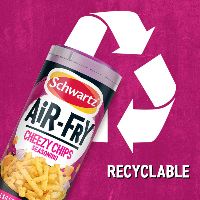 A graphic illustration featuring a container of Schwartz Af Fries Seas positioned in front of a large white recycling symbol to highlight that the packaging is recyclable.
