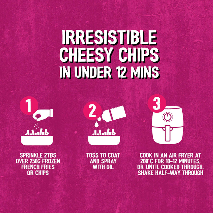 This infographic provides a three step guide for making irresistible cheesy chips using Schwartz Af Fries Seas in an air fryer in under 12 minutes.