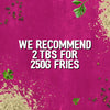 An infographic for Schwartz Af Fries Seas recommends using two tablespoons of the seasoning for every 250 grams of fries against a vibrant pink background with scattered peppercorns and herbs.