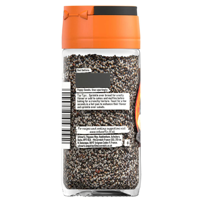 The back label of a glass jar of Schwartz Poppy Seeds 48G provides usage tips and contact information for the brand.