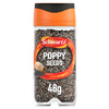 A clear glass jar of Schwartz Poppy Seeds 48G featuring a black and orange flip top lid and a label showing a whole poppy pod.